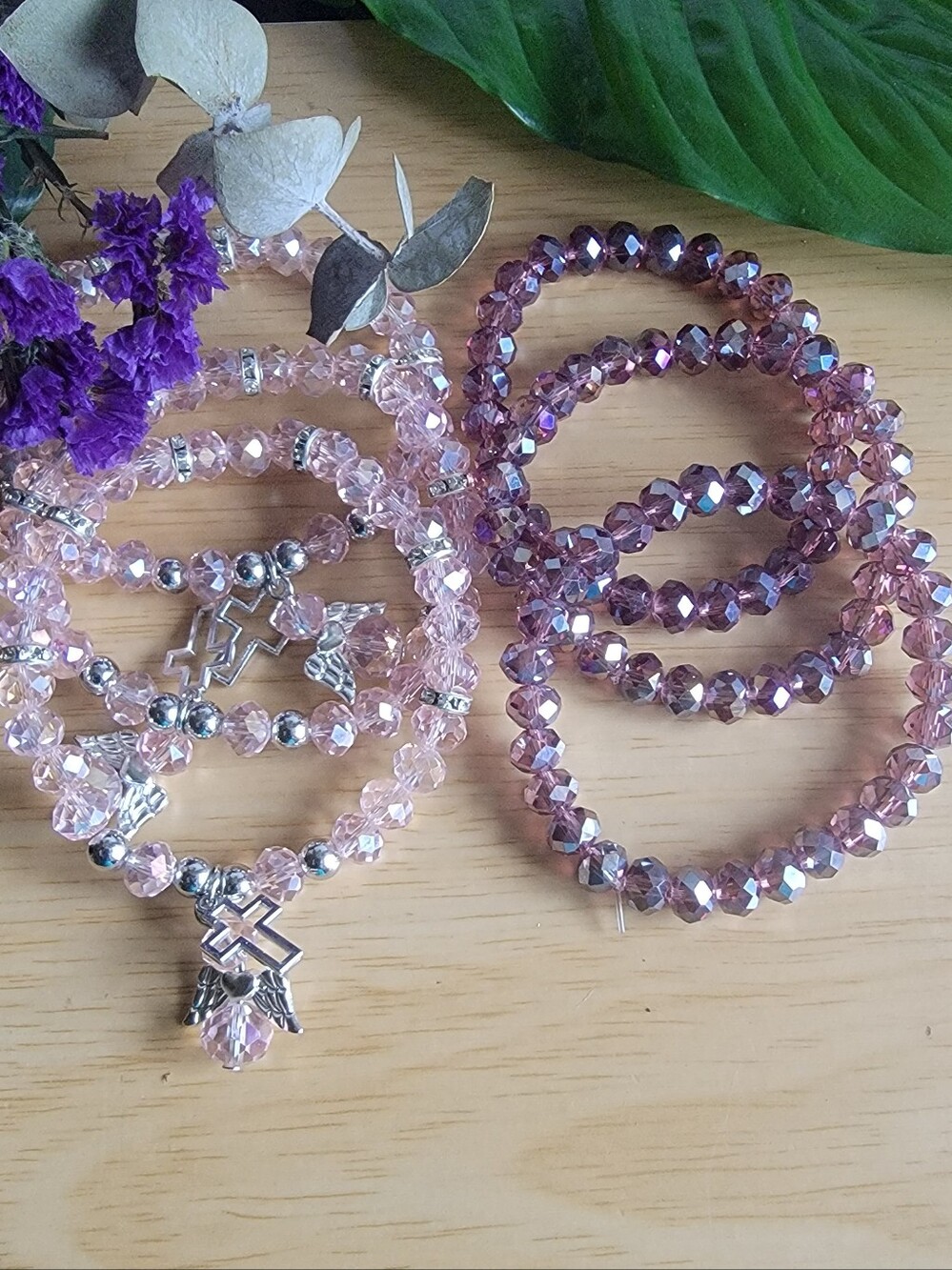 Handcrafted Set Of 6 Pink & Purple Bling Stretch Bracelet Set